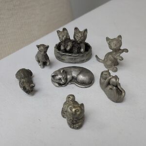 Vintage Miniature Pewter Silver Cat Figurines. Set of 7